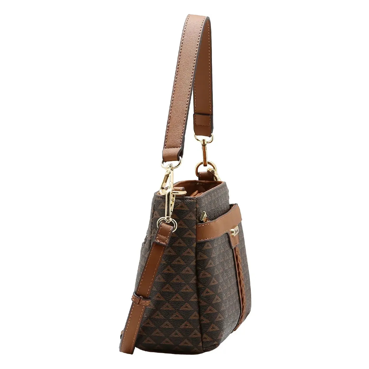 Bolsa feminina Chenson New Elemento Gráfico em tom café vista lateral com alça removível e bolso com zíper